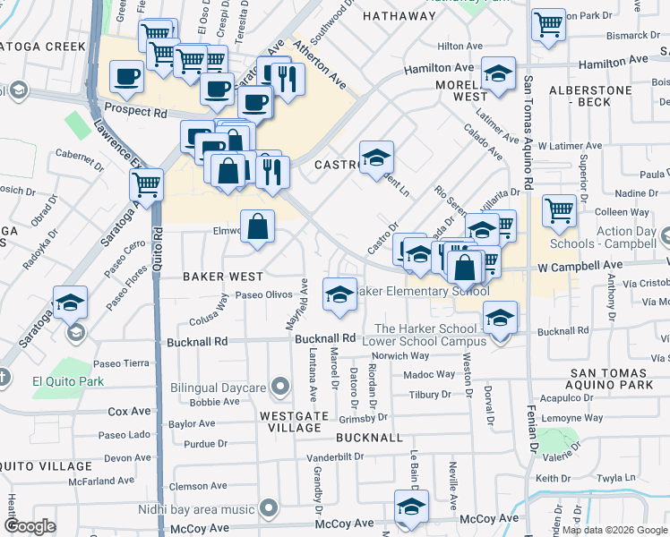 map of restaurants, bars, coffee shops, grocery stores, and more near 2047 Heather Glen Drive in San Jose