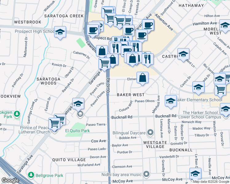 map of restaurants, bars, coffee shops, grocery stores, and more near 5280 Northlawn Drive in San Jose