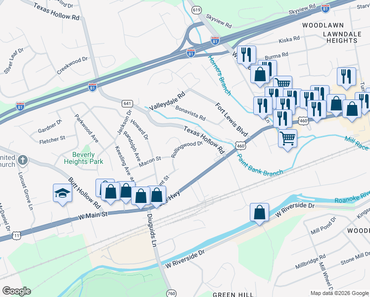 map of restaurants, bars, coffee shops, grocery stores, and more near 2417 Rollingwood Dr in Salem