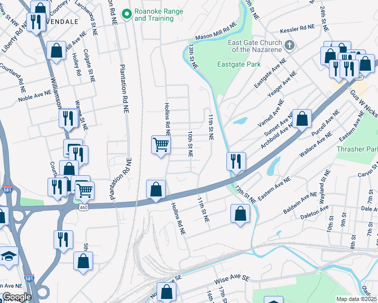 map of restaurants, bars, coffee shops, grocery stores, and more near 937 Connecticut Avenue Northeast in Roanoke