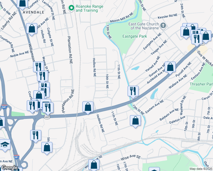 map of restaurants, bars, coffee shops, grocery stores, and more near 937 Connecticut Avenue Northeast in Roanoke