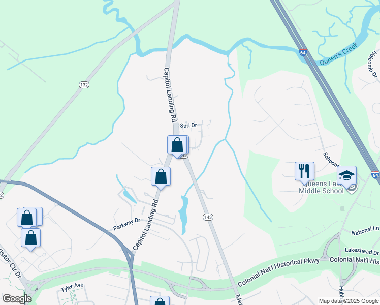 map of restaurants, bars, coffee shops, grocery stores, and more near 509 Shaindel Drive in Williamsburg