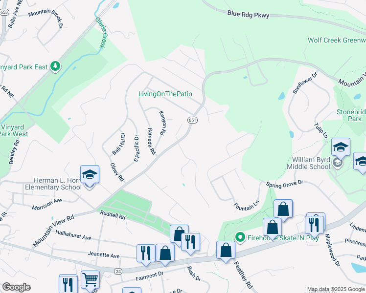 map of restaurants, bars, coffee shops, grocery stores, and more near 1603 Mountain View Road in Vinton