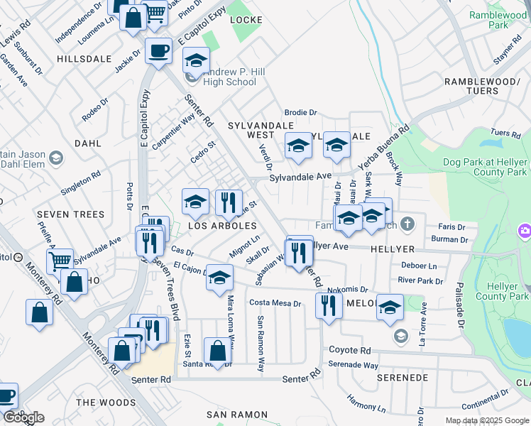 map of restaurants, bars, coffee shops, grocery stores, and more near 3788 Dottielyn Avenue in San Jose