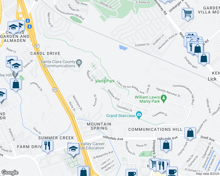 map of restaurants, bars, coffee shops, grocery stores, and more near 609 Adeline Avenue in San Jose