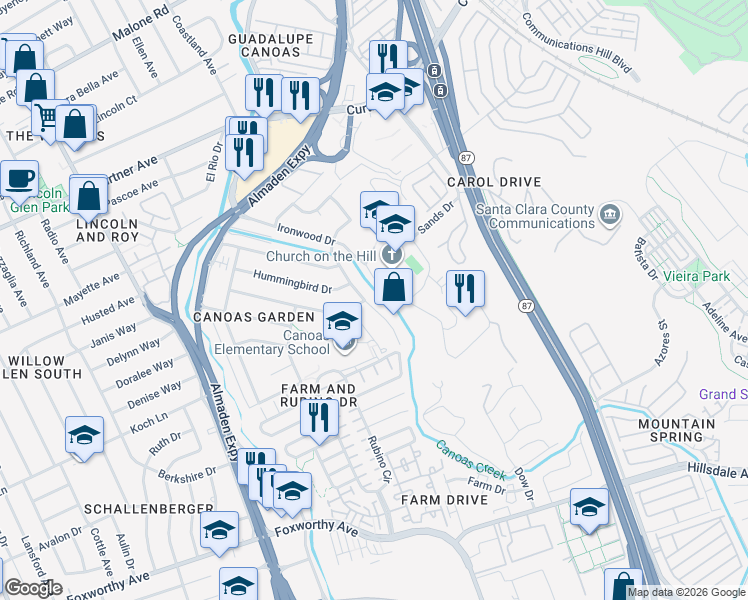 map of restaurants, bars, coffee shops, grocery stores, and more near 2591 Nightingale Drive in San Jose