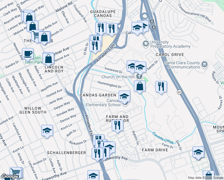 map of restaurants, bars, coffee shops, grocery stores, and more near 888 Kingfisher Drive in San Jose