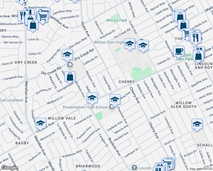 map of restaurants, bars, coffee shops, grocery stores, and more near 2215 Parkwood Way in San Jose