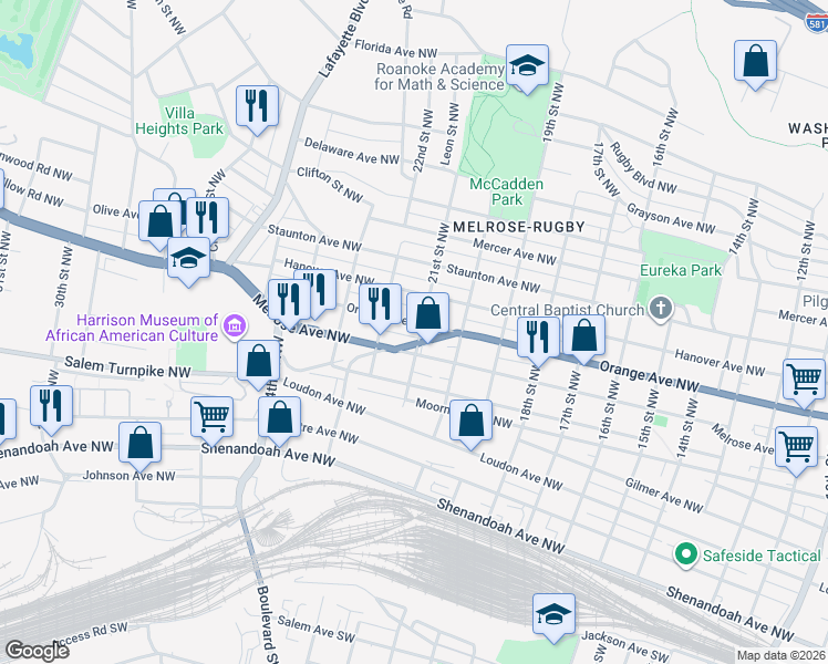 map of restaurants, bars, coffee shops, grocery stores, and more near 2101-2119 Melrose Avenue Northwest in Roanoke