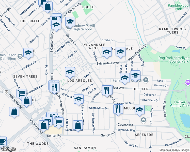 map of restaurants, bars, coffee shops, grocery stores, and more near 3788 Dottielyn Avenue in San Jose