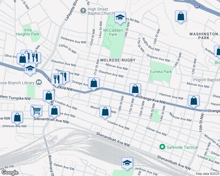 map of restaurants, bars, coffee shops, grocery stores, and more near 1911 Orange Avenue Northwest in Roanoke