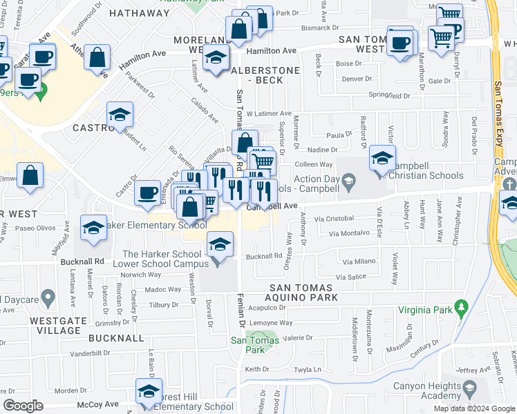 map of restaurants, bars, coffee shops, grocery stores, and more near 1400 West Campbell Avenue in Campbell