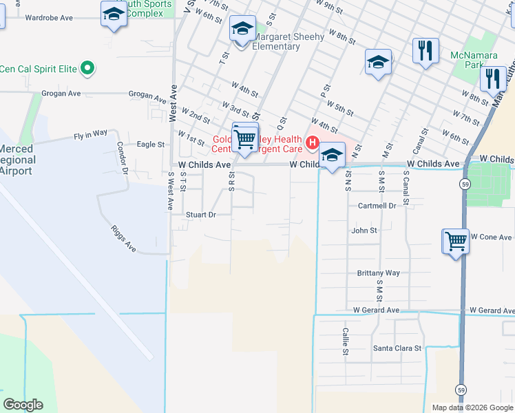 map of restaurants, bars, coffee shops, grocery stores, and more near 184 Parkwest Street in Merced