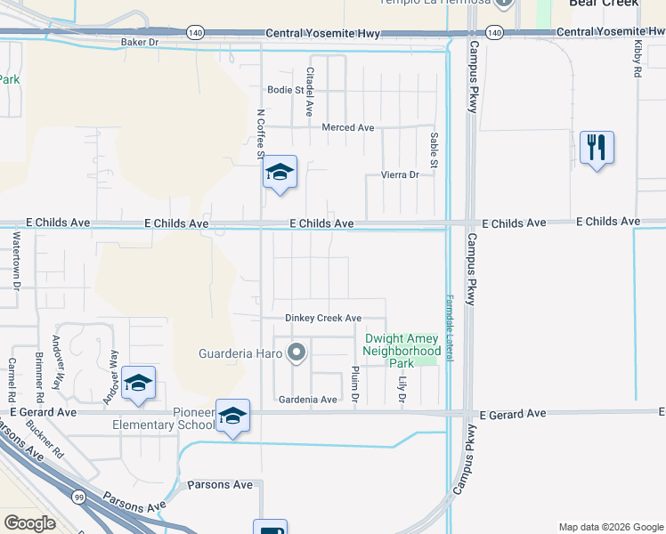 map of restaurants, bars, coffee shops, grocery stores, and more near South Valley Drive in Merced