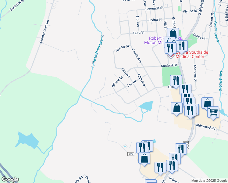 map of restaurants, bars, coffee shops, grocery stores, and more near 1505 Gilliam Drive in Farmville