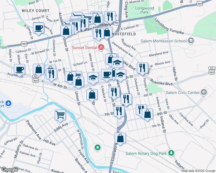 map of restaurants, bars, coffee shops, grocery stores, and more near 626 South Market Street in Salem