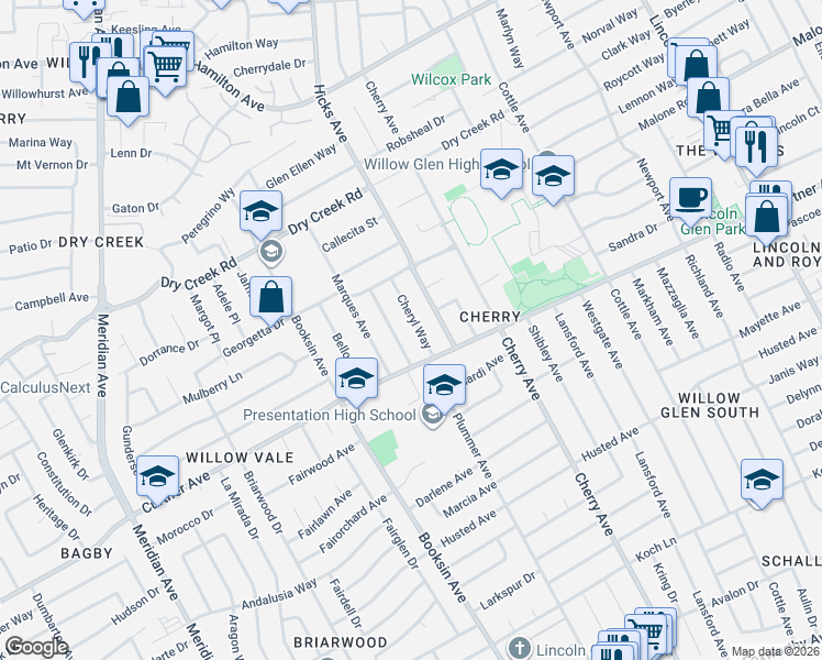 map of restaurants, bars, coffee shops, grocery stores, and more near 2215 Parkwood Way in San Jose