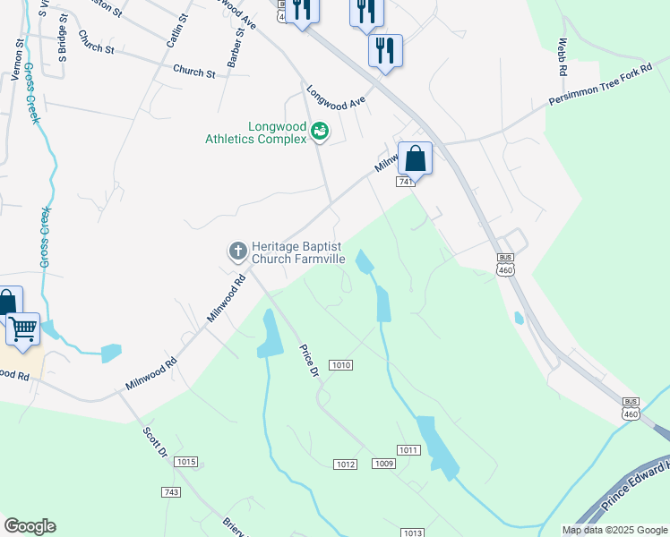 map of restaurants, bars, coffee shops, grocery stores, and more near 400 Ford Road in Farmville