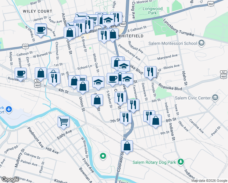 map of restaurants, bars, coffee shops, grocery stores, and more near 626 South Market Street in Salem
