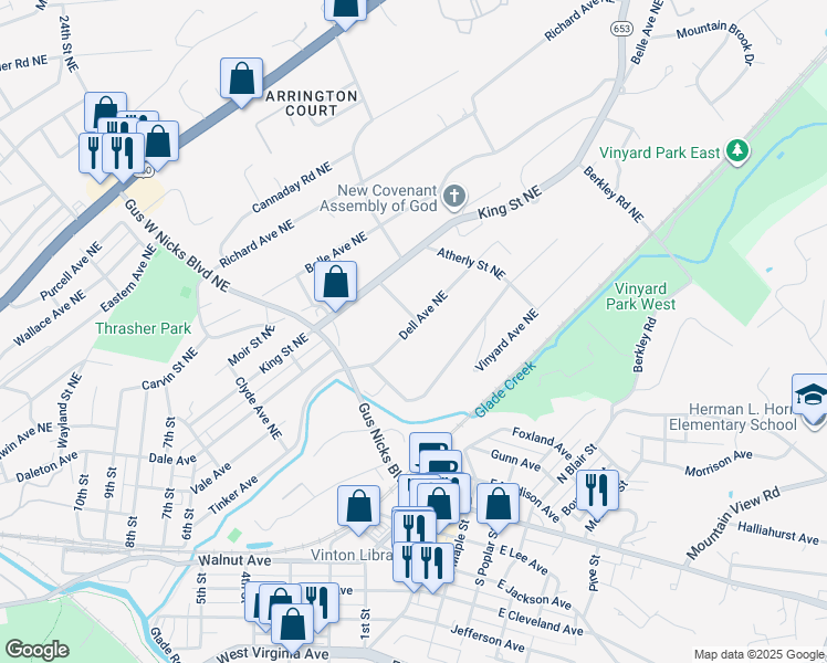 map of restaurants, bars, coffee shops, grocery stores, and more near 2649 Dell Avenue Northeast in Roanoke