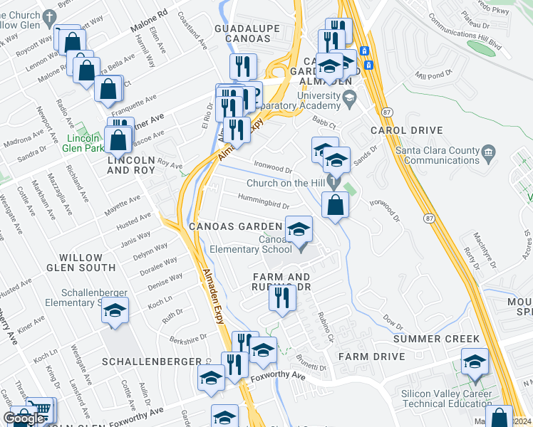 map of restaurants, bars, coffee shops, grocery stores, and more near 901 Kingfisher Drive in San Jose