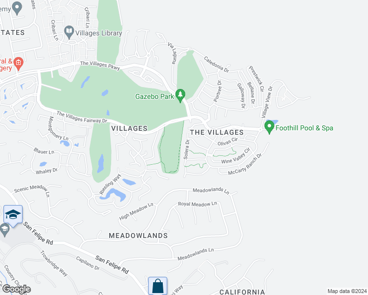 map of restaurants, bars, coffee shops, grocery stores, and more near 8642 Solera Drive in San Jose