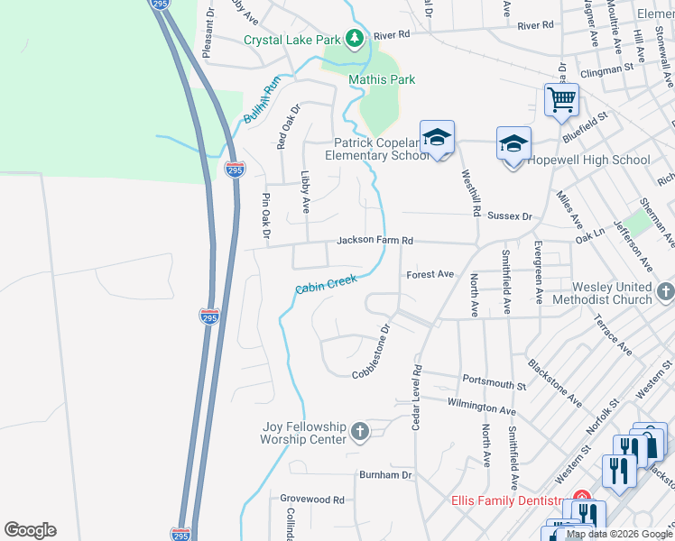 map of restaurants, bars, coffee shops, grocery stores, and more near 520 Cobblestone Drive in Hopewell