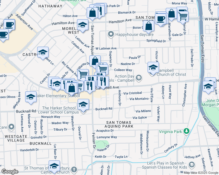 map of restaurants, bars, coffee shops, grocery stores, and more near Superior Dr & W Campbell Ave in Campbell