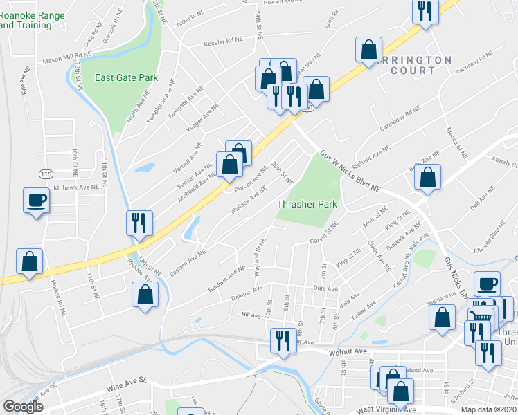 map of restaurants, bars, coffee shops, grocery stores, and more near 1726 Eastern Avenue Northeast in Roanoke