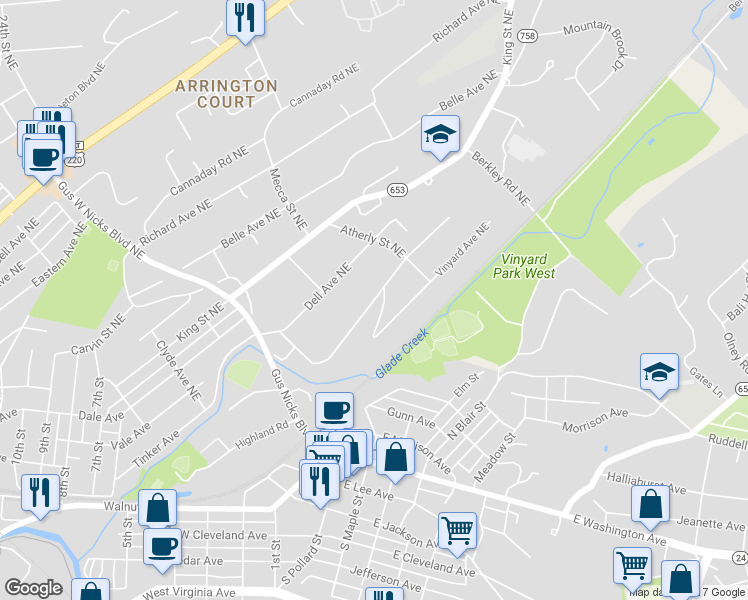 map of restaurants, bars, coffee shops, grocery stores, and more near 2714 Idlewild Boulevard Northeast in Roanoke