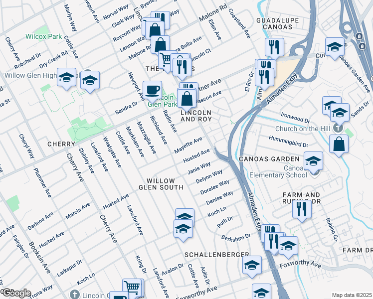 map of restaurants, bars, coffee shops, grocery stores, and more near 1156 Husted Avenue in San Jose