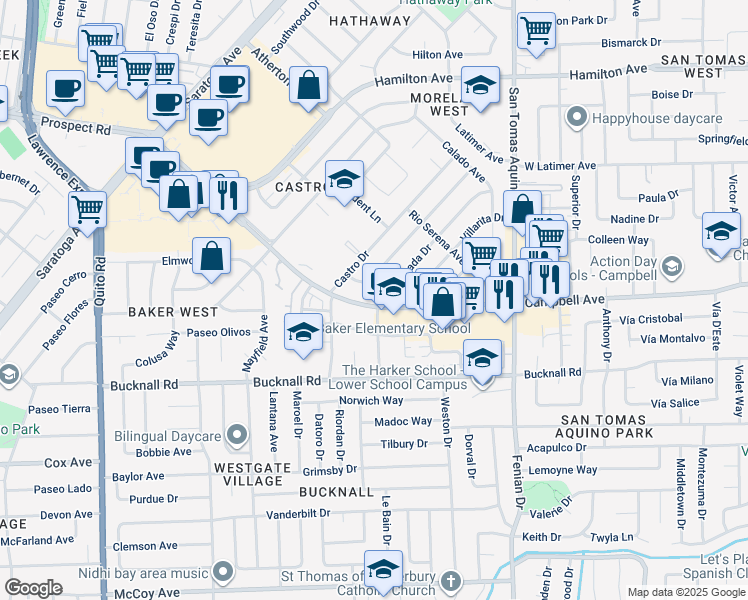 map of restaurants, bars, coffee shops, grocery stores, and more near 1797 West Campbell Avenue in Campbell