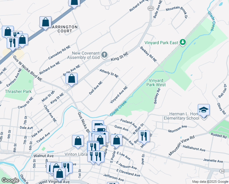 map of restaurants, bars, coffee shops, grocery stores, and more near 2741 Omar Avenue Northeast in Roanoke