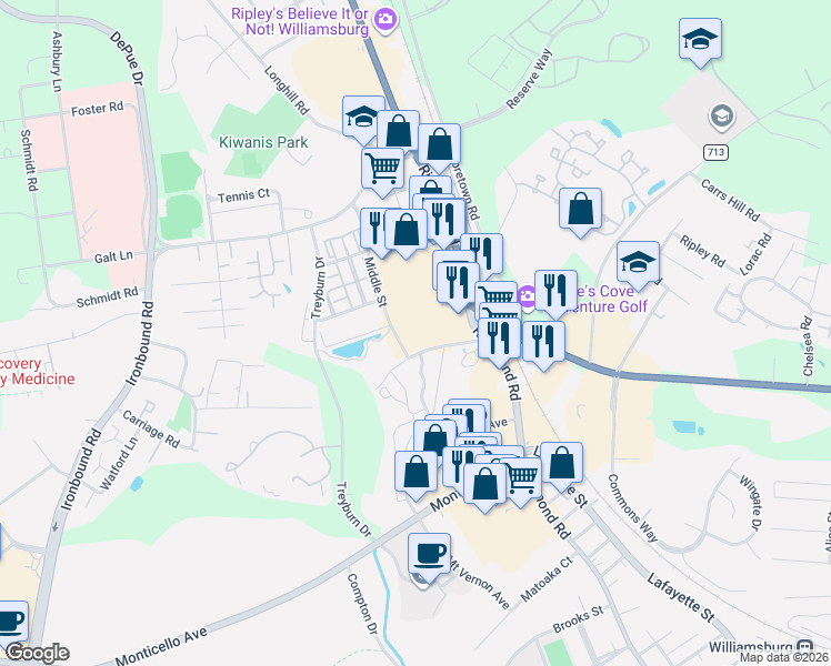 map of restaurants, bars, coffee shops, grocery stores, and more near 1406 Richmond Road in Williamsburg