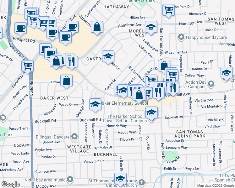 map of restaurants, bars, coffee shops, grocery stores, and more near 1797 West Campbell Avenue in Campbell