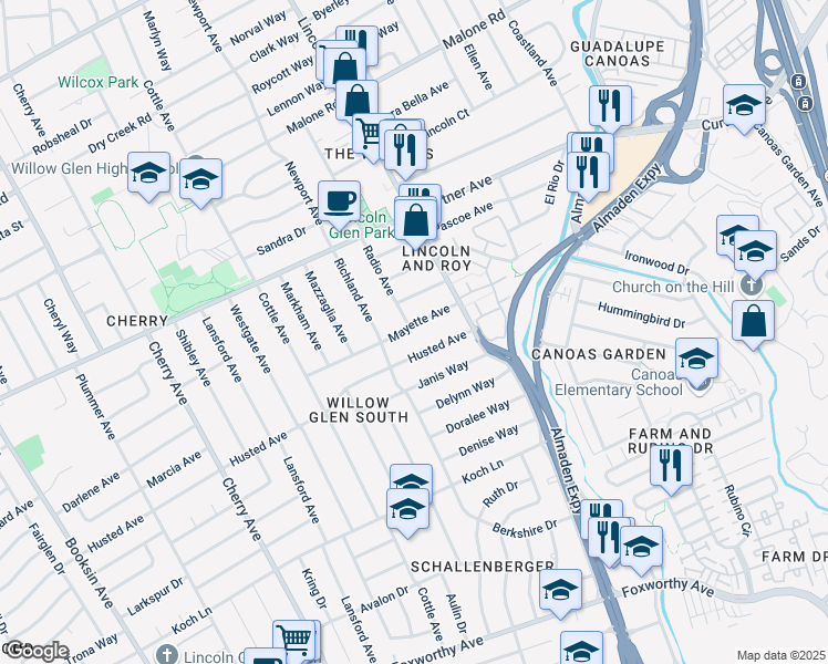 map of restaurants, bars, coffee shops, grocery stores, and more near 1156 Husted Avenue in San Jose