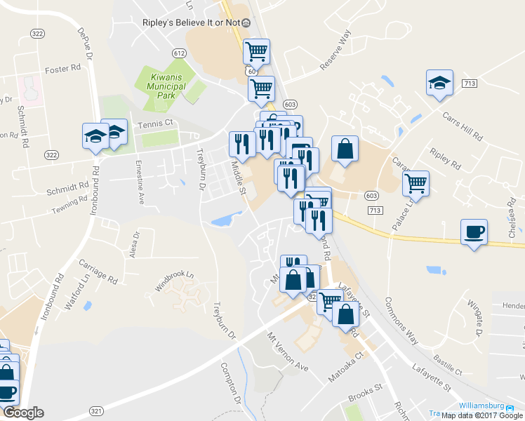 map of restaurants, bars, coffee shops, grocery stores, and more near 200 New Hope Road in Williamsburg