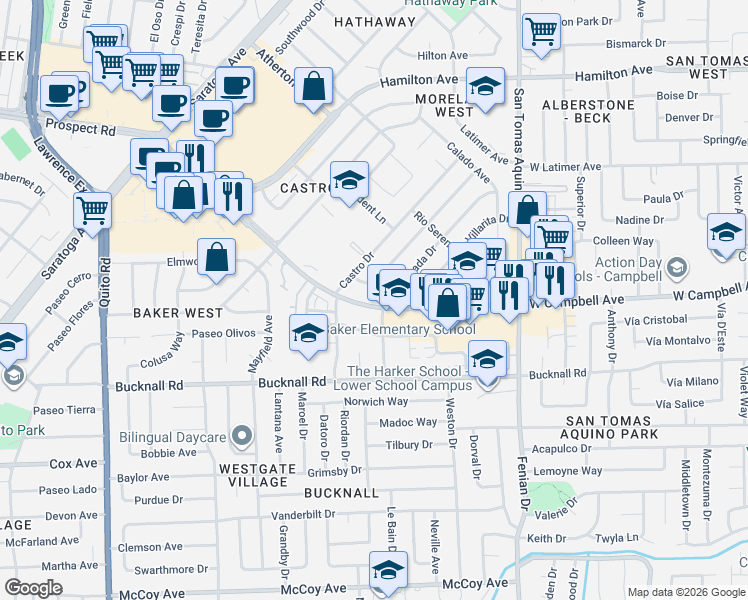 map of restaurants, bars, coffee shops, grocery stores, and more near 1860 Campbell Avenue in Campbell
