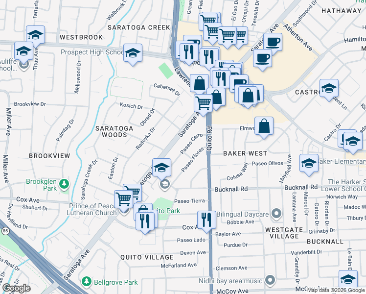 map of restaurants, bars, coffee shops, grocery stores, and more near 12530 Paseo Pico in Saratoga