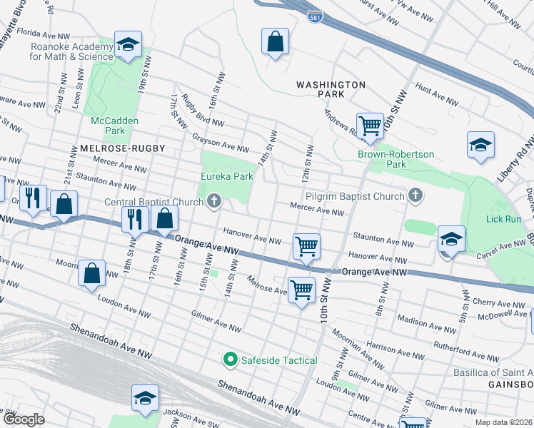 map of restaurants, bars, coffee shops, grocery stores, and more near 1224-1228 Staunton Avenue Northwest in Roanoke