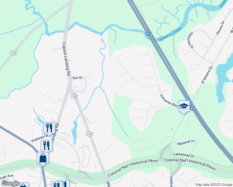 map of restaurants, bars, coffee shops, grocery stores, and more near 122 Merchant Man Court in Williamsburg