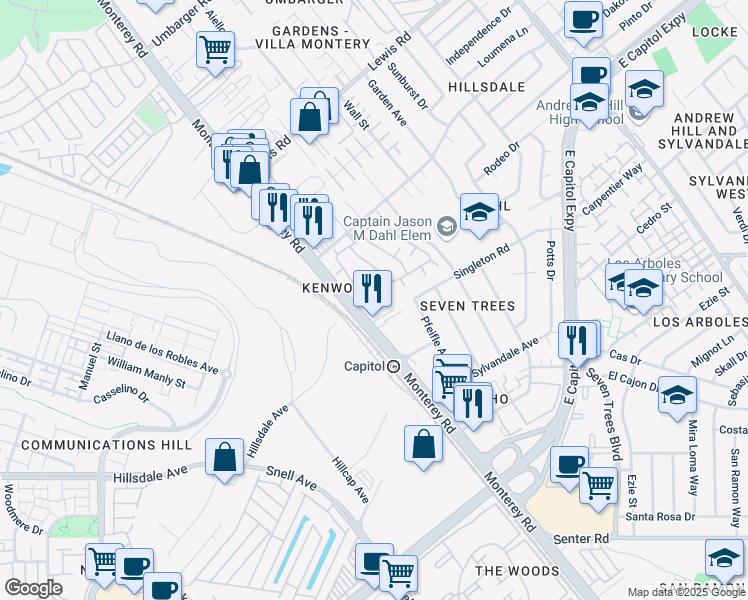 map of restaurants, bars, coffee shops, grocery stores, and more near 301 Kenbrook Circle in San Jose