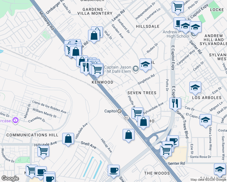 map of restaurants, bars, coffee shops, grocery stores, and more near 301 Kenbrook Circle in San Jose