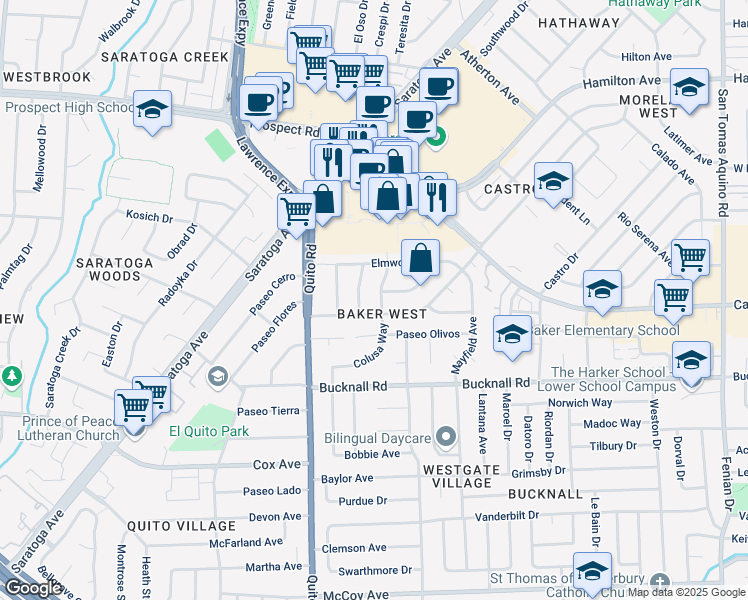 map of restaurants, bars, coffee shops, grocery stores, and more near 1924 Ashland Way in San Jose