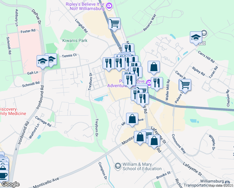 map of restaurants, bars, coffee shops, grocery stores, and more near 1420 Richmond Road in Williamsburg
