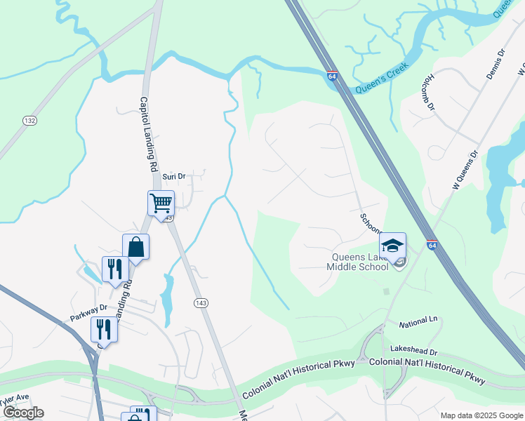 map of restaurants, bars, coffee shops, grocery stores, and more near 122 Merchant Man Court in Williamsburg