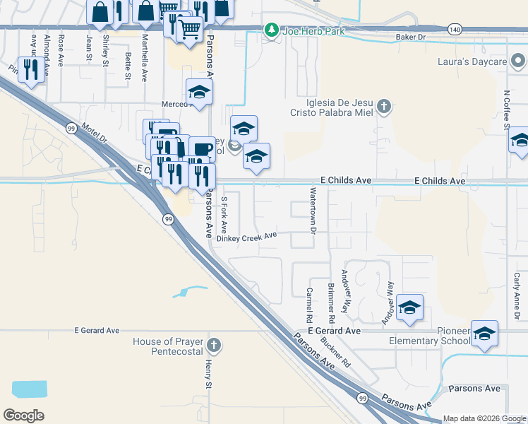 map of restaurants, bars, coffee shops, grocery stores, and more near 2219 Antelope Court in Merced