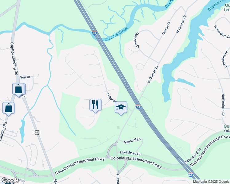 map of restaurants, bars, coffee shops, grocery stores, and more near 106 Jib Court in Williamsburg