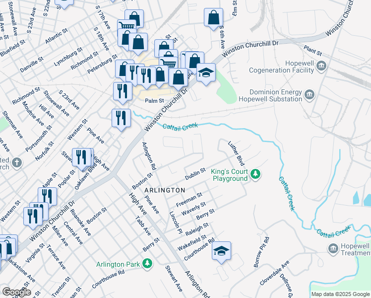 map of restaurants, bars, coffee shops, grocery stores, and more near 1135 Maryville Avenue in Hopewell