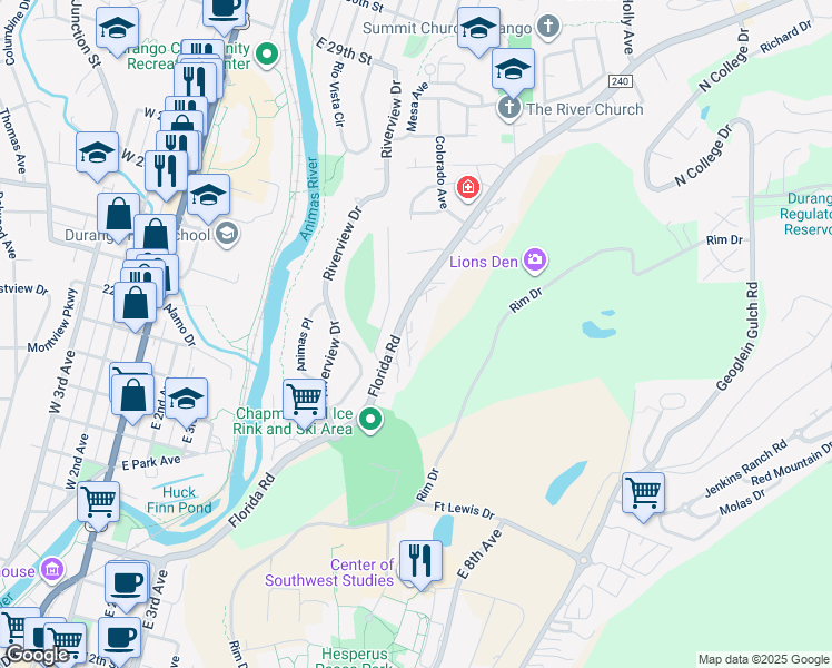 map of restaurants, bars, coffee shops, grocery stores, and more near 42 Folsom Place in Durango